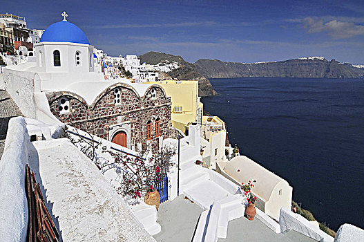 希腊,教堂,蓝色,圆顶,锡拉岛,基克拉迪群岛,希腊群岛,欧洲