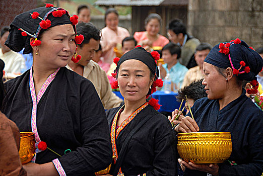 新,女人,种族,群体,传统,服装,黑色,红色,绒球,城市,老挝,东南亚,亚洲
