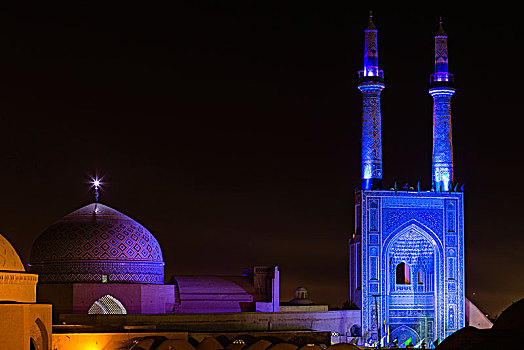 清真寺,夜晚,亚兹德,伊朗,亚洲