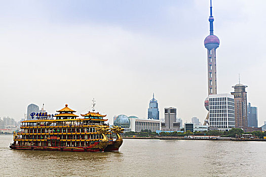 中国,上海,黄浦江,天际线,浦东,后面,东方明珠塔