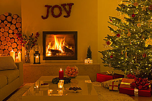 环境,壁炉,蜡烛,客厅,圣诞树