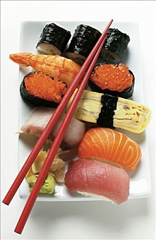 混合,寿司盘,红色,筷子