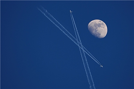鲜明,月亮,飞机,蓝色背景,天空