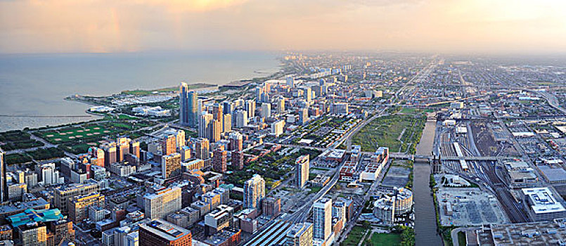 芝加哥,天际线,日落