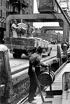 码头工人,卸载,船,20世纪50年代,精准,位置,未知,德国,欧洲