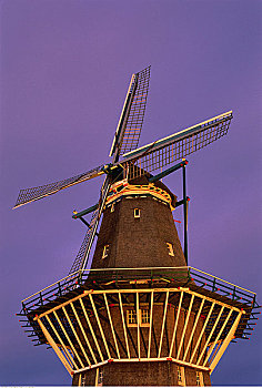 风车,黄昏,金德代克,荷兰