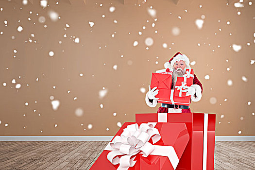 合成效果,图像,圣诞老人,站立,大,礼物,房间,木地板