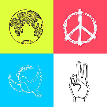 彩色,海报,国际,平和,白天,矢量,著名,象征,和谐,喜爱,鸽子,细枝,嬉皮士,标识,地球,小穗