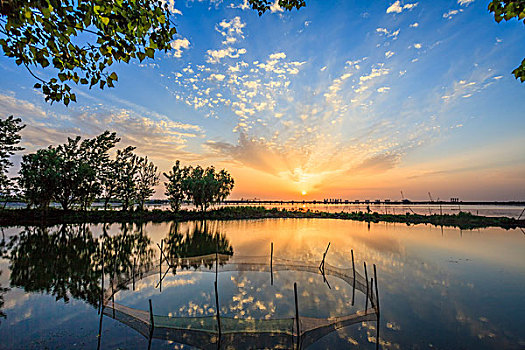 落日,晚霞,湖水,倒影,水面