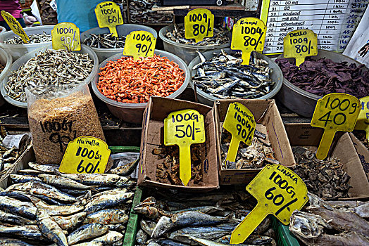 鱼肉,虾,出售,奴娃拉伊利雅,市集,中央省,斯里兰卡,亚洲