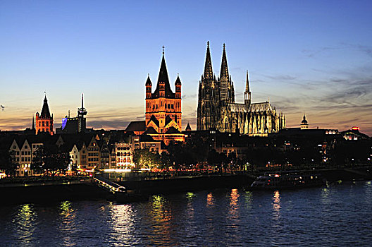 德国,北莱茵威斯特伐利亚,科隆,城市,莱茵河,大教堂,黃昏