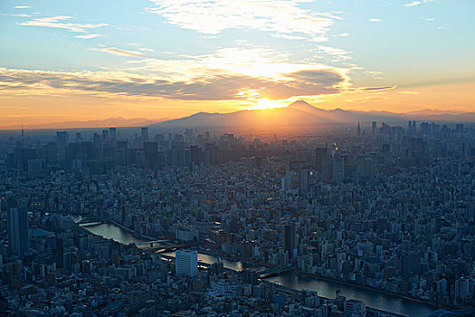 城市,风景,日落,俯视,富士山,东京,日本