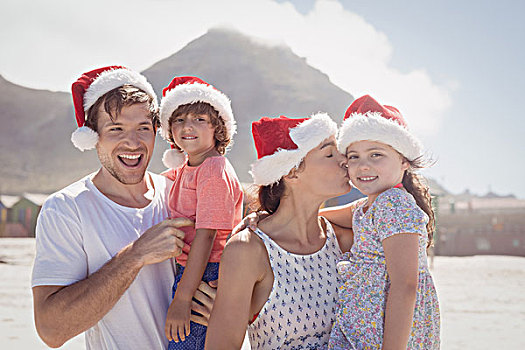 愉悦,家庭,穿,圣诞帽,海滩,晴天