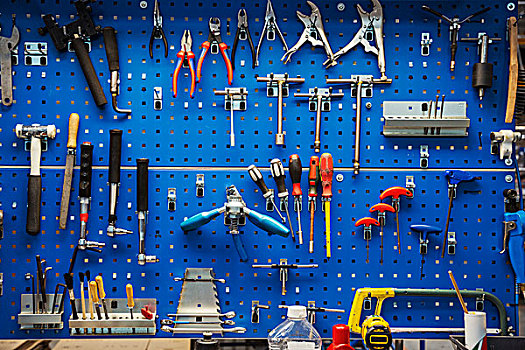 大,选择,手工工具,条理,向上,整洁,蓝色,工具,墙壁,工厂,工作场所