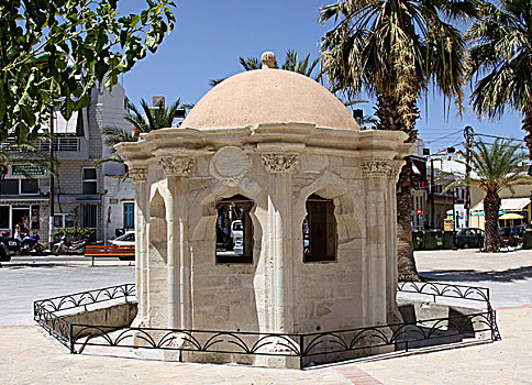 喷泉,房子,城镇中心,克里特岛,希腊,欧洲