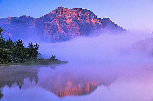 湖,遮盖,雾,沙发,山,瓦特顿湖国家公园,艾伯塔省,加拿大
