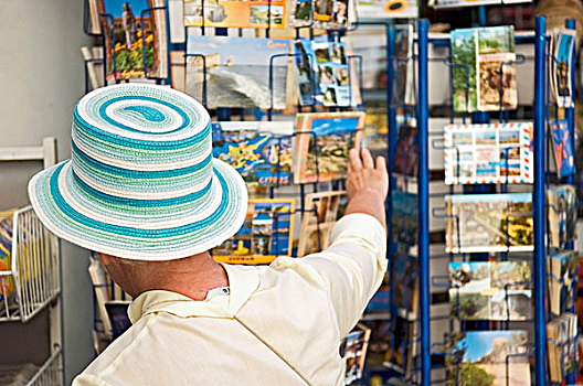 女人,游客,彩色,帽子,看,明信片