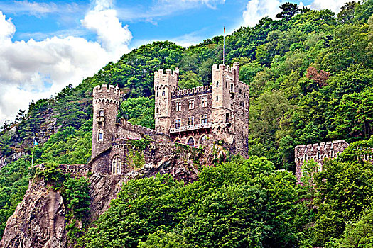 德国,城堡,站立,悬崖,俯视,莱茵河,河谷