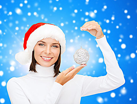 冬天,人,高兴,概念,女人,圣诞老人,帽子,圣诞树饰,上方,蓝色,雪,背景