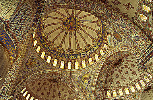 土耳其,伊斯坦布尔,蓝色清真寺,仰视,华丽,天花板