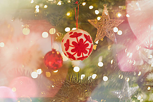 红色,白色,雪花,装饰,悬挂,圣诞树