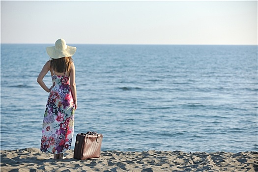 女人,手提箱,海滩