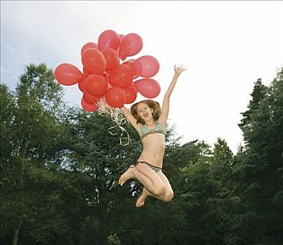 女孩,红色,气球,跳跃,花园