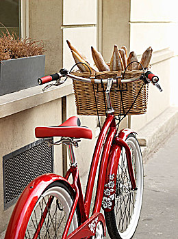 经典的,路,自行车,随着,柳条篮,附,把手,填充,法国面包,从,面包店,巴黎,法国