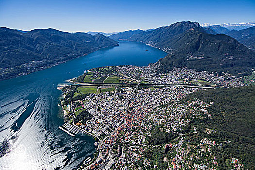 马焦雷湖,三角洲,航拍,高山湖,浴,湖,老城,提契诺河,瑞士