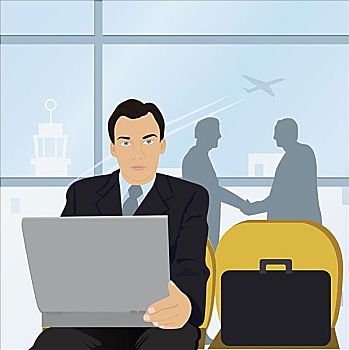 商务人士,坐,机场,正面,笔记本电脑