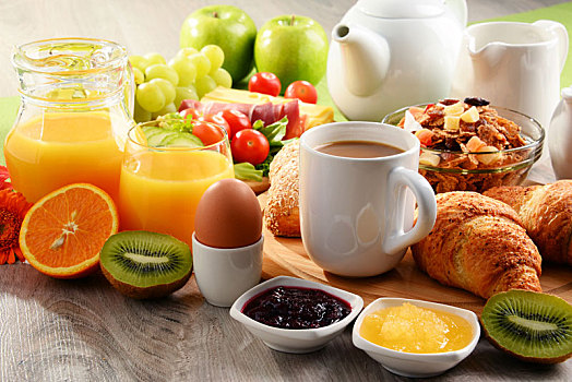 早餐,咖啡,橙汁,蛋,水果