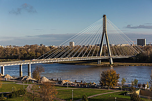 桥,神圣,穿过,上方,维斯瓦河,斜拉桥,华沙,波兰,欧洲