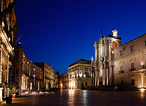 大教堂,锡拉库扎,夜晚,广场,中央教堂,西西里,意大利,欧洲
