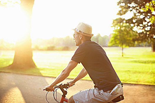 中年,男人,骑自行车,日光,公园