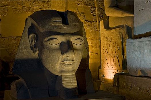 头部,拉美西斯二世,光亮,晚上,卢克索神庙,路克索神庙,埃及,非洲