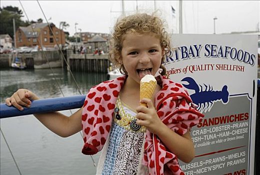 女孩,冰淇淋,康沃尔,南,英格兰,英国,欧洲
