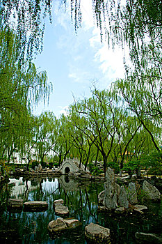 中國古典園林湖泊中的石板路和拱形橋