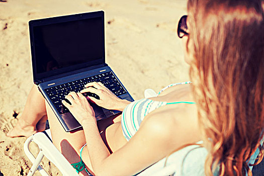暑假,度假,科技,互联网,女孩,看,笔记本电脑,沙滩椅