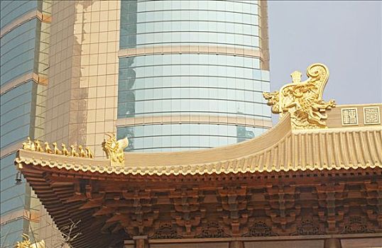 庙宇,屋顶,写字楼,背景,上海,中国,特写