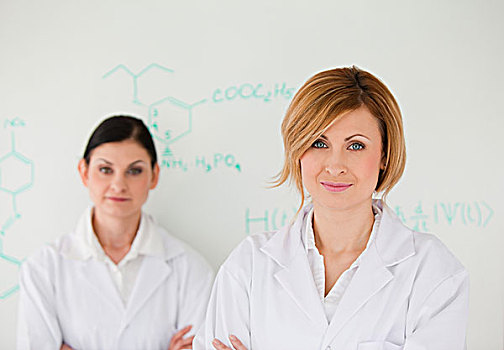 两个,科学家,女人,姿势,正面,白色书写板