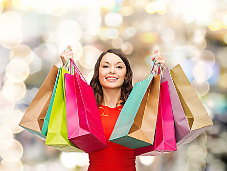 销售,礼物,圣诞节,休假,人,概念,微笑,女人,彩色,购物袋,上方,背景