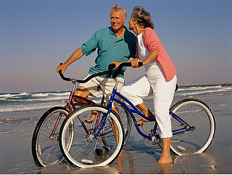 海滩,夫妻,自行车