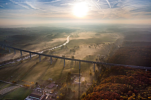 高架桥,上方,日出,雾,秋天,地区,北莱茵威斯特伐利亚,德国,欧洲