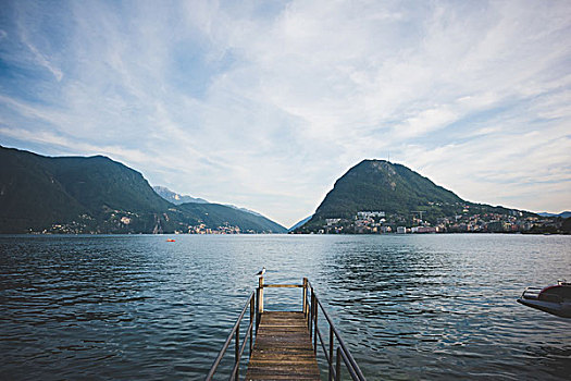 木质,码头,湖,卢加诺,瑞士