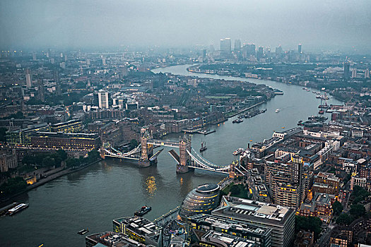 风景,泰晤士河,金丝雀码头,塔桥,伦敦,市政厅,黎明,航拍,英格兰,英国,欧洲