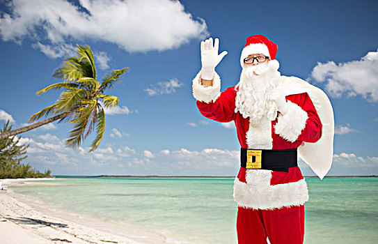 圣诞节,休假,手势,旅行,人,概念,男人,服饰,圣诞老人,包,摆动,表针,上方,热带沙滩,背景