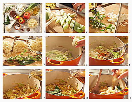 泡菜,汤,苹果,韭葱,马郁兰,苹果汁