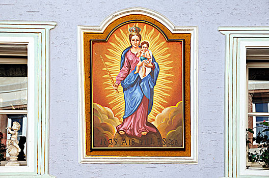 圣母玛利亚,壁画,墙壁,马尔克特广场,上巴伐利亚,德国,欧洲