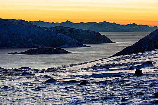 风景,峡湾,斜坡,攀升,日落,特罗姆斯,挪威,欧洲