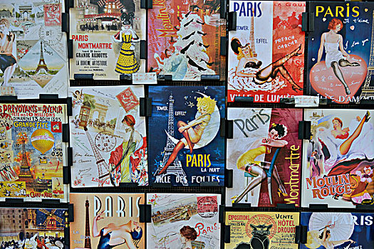 海报,摊亭,红磨坊,埃菲尔铁塔,蒙马特尔,巴黎,法国,欧洲